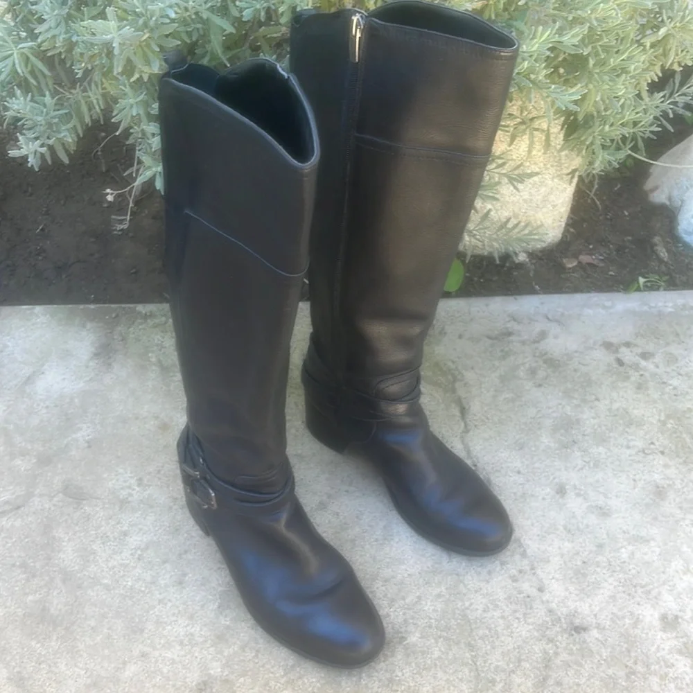 Marc Fisher Black Leather Heeled Side Buckle Tall Boot Women's Size 8